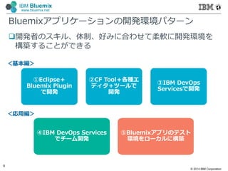 © 2014 IBM Corporation
9
IBM Bluemix
www.bluemix.net
Bluemixアプリケーションの開発環境パターン
開発者のスキル、体制、好みに合わせて柔軟に開発環境を
構築することができる
①Eclipse＋
Bluemix Plugin
で開発
②CF Tool＋各種エ
ディタ＋ツールで
開発
③IBM DevOps
Servicesで開発
⑤Bluemixアプリのテスト
環境をローカルに構築
④IBM DevOps Services
でチーム開発
＜基本編＞
＜応用編＞
 
