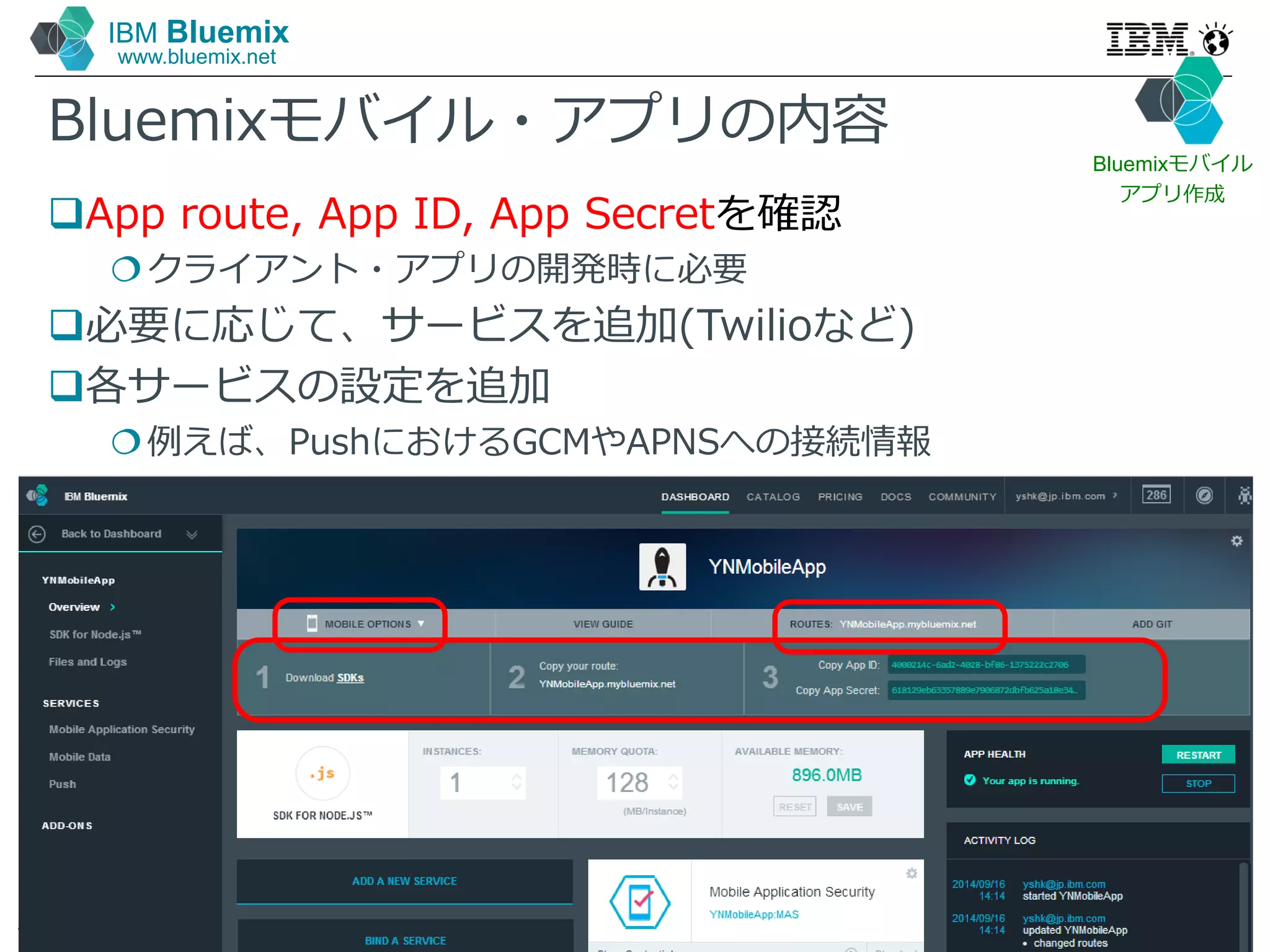 © 2014 IBM Corporation
20
IBM Bluemix
www.bluemix.net
Bluemixモバイル・アプリの内容
App route, App ID, App Secretを確認
クライアント・アプリの開発時に必要
必要に応じて、サービスを追加(Twilioなど)
各サービスの設定を追加
例えば、PushにおけるGCMやAPNSへの接続情報
Bluemixモバイル
アプリ作成
 