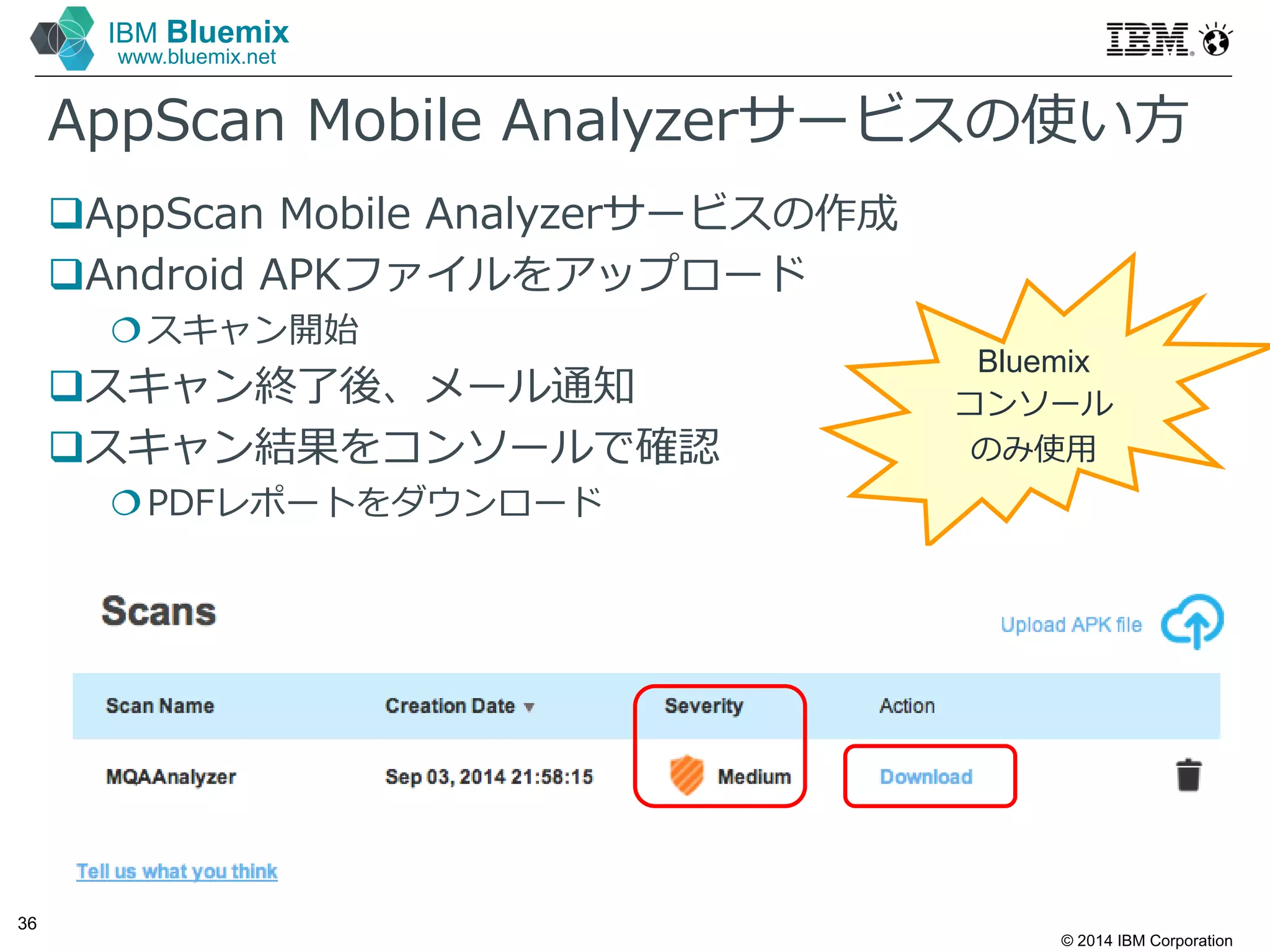 © 2014 IBM Corporation
36
IBM Bluemix
www.bluemix.net
AppScan Mobile Analyzerサービスの使い方
AppScan Mobile Analyzerサービスの作成
Android APKファイルをアップロード
スキャン開始
スキャン終了後、メール通知
スキャン結果をコンソールで確認
PDFレポートをダウンロード
Bluemix
コンソール
のみ使⽤
 
