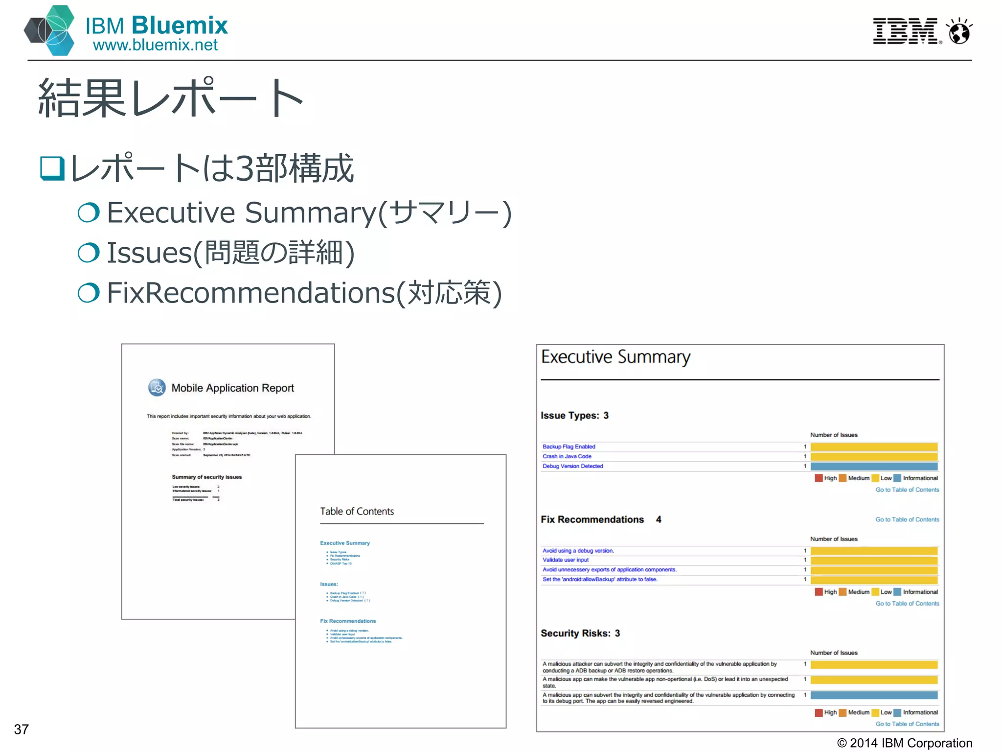 © 2014 IBM Corporation
37
IBM Bluemix
www.bluemix.net
結果レポート
レポートは3部構成
 Executive Summary(サマリー)
 Issues(問題の詳細)
 FixRecommendations(対応策)
 