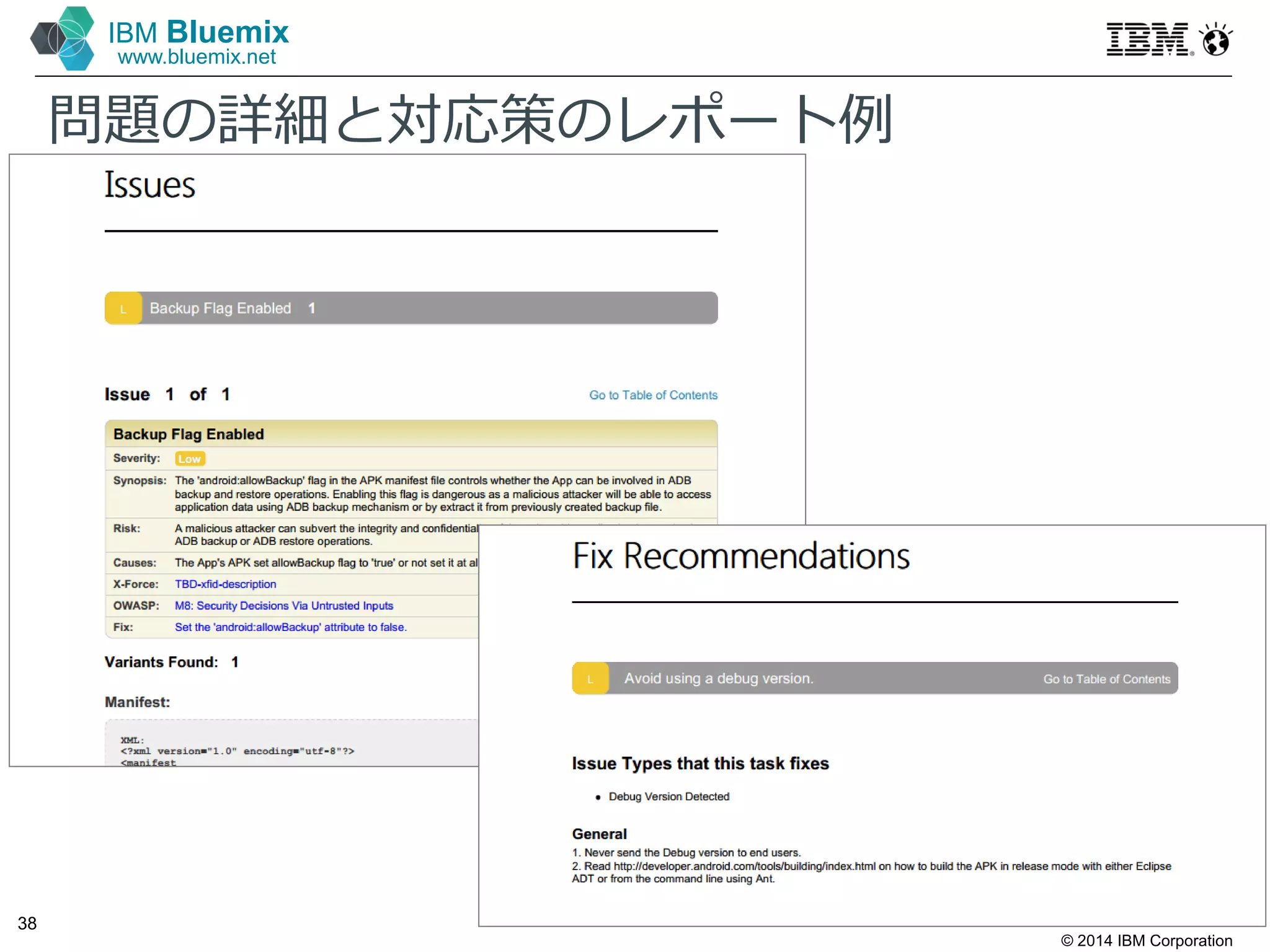 © 2014 IBM Corporation
38
IBM Bluemix
www.bluemix.net
問題の詳細と対応策のレポート例
 