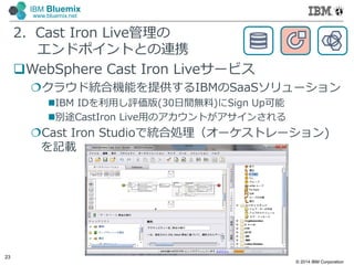 © 2014 IBM Corporation
23
IBM Bluemix
www.bluemix.net
2．Cast Iron Live管理の
エンドポイントとの連携
WebSphere Cast Iron Liveサービス
クラウド統合機能を提供するIBMのSaaSソリューション
IBM IDを利⽤し評価版(30日間無料)にSign Up可能
別途CastIron Live⽤のアカウントがアサインされる
Cast Iron Studioで統合処理（オーケストレーション)
を記載
 