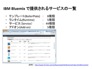 IBM Bluemix で提供されるサービスの一覧 
・テンプレート(BoilerPlate) ： 8種類 
・ランタイム(Runtime) ： 5種類 
・サービス（Service） ： 44種類 
・アドオン(Add-on) ： 5種類 
...