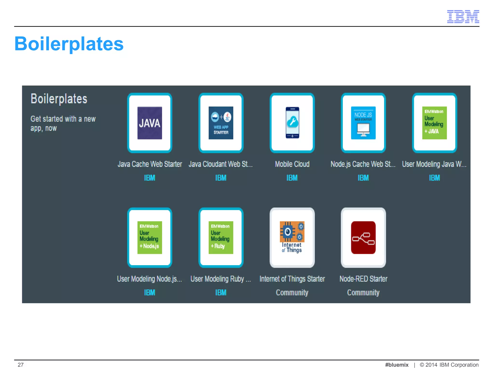 Boilerplates 
#bluemix | © 2014 IBM Corporation 
27  