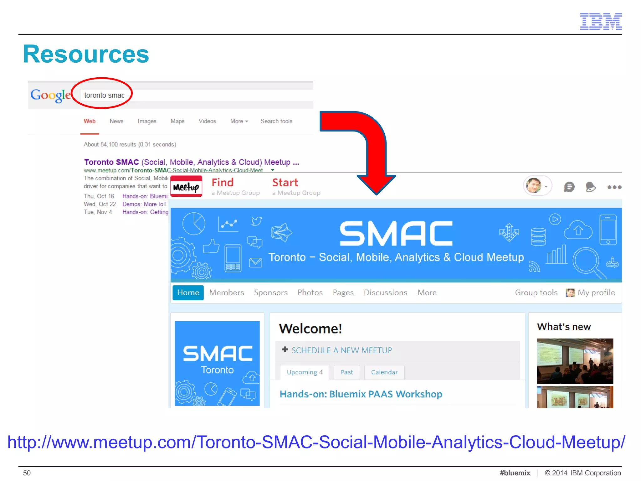 Resources 
http://www.meetup.com/Toronto-SMAC-Social-Mobile-Analytics-Cloud-Meetup/ 
#bluemix | © 2014 IBM Corporation 
50  