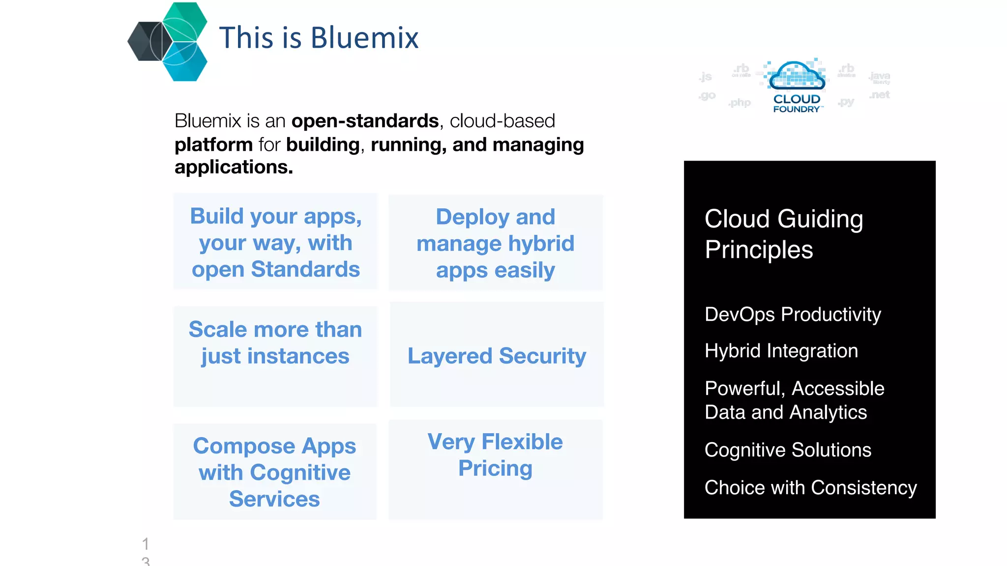 This	
  is	
  Bluemix
1
Bluemix is an open-standards, cloud-based
platform for building, running, and managing
applications.
Build your apps,
your way, with
open Standards
Compose Apps
with Cognitive
Services
Scale more than
just instances Layered Security
Deploy and
manage hybrid
apps easily
Very Flexible
Pricing
Cloud Guiding
Principles
DevOps Productivity
Hybrid Integration
Powerful, Accessible
Data and Analytics
Cognitive Solutions
Choice with Consistency
 