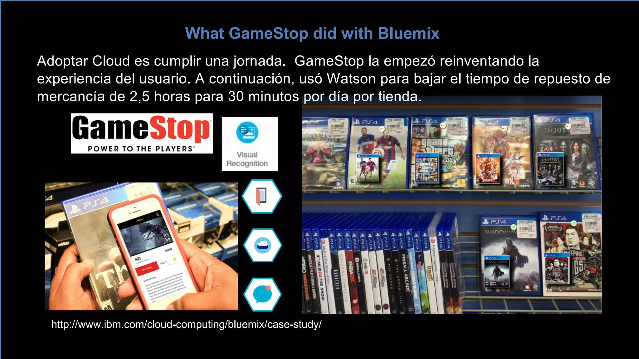 ©  2016  IBM  Corporation
What  GameStop  did  with  Bluemix
Adoptar  Cloud  es  cumplir  una  jornada.    GameStop la  empezó  reinventando  la  
experiencia  del  usuario.  A  continuación,  usó  Watson  para  bajar  el  tiempo  de  repuesto  de  
mercancía  de  2,5  horas  para  30  minutos  por  día  por  tienda.  
http://www.ibm.com/cloud-­computing/bluemix/case-­study/
 