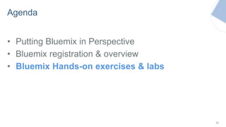 Agenda
• Putting Bluemix in Perspective
• Bluemix registration & overview
• Bluemix Hands-on exercises & labs
10
 