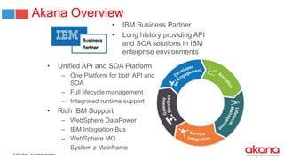 © 2015 Akana., Inc All Rights Reserved.
Akana Overview
• IBM Business Partner
• Long history providing API
and SOA solutions in IBM
enterprise environments
• Unified API and SOA Platform
– One Platform for both API and
SOA
– Full lifecycle management
– Integrated runtime support
• Rich IBM Support
– WebSphere DataPower
– IBM Integration Bus
– WebSphere MQ
– System z Mainframe
 