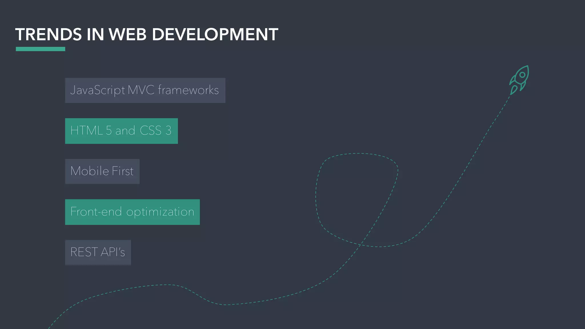 TRENDS IN WEB DEVELOPMENT
HTML 5 and CSS 3
Mobile First
Front-end optimization
REST API’s
JavaScript MVC frameworks
 