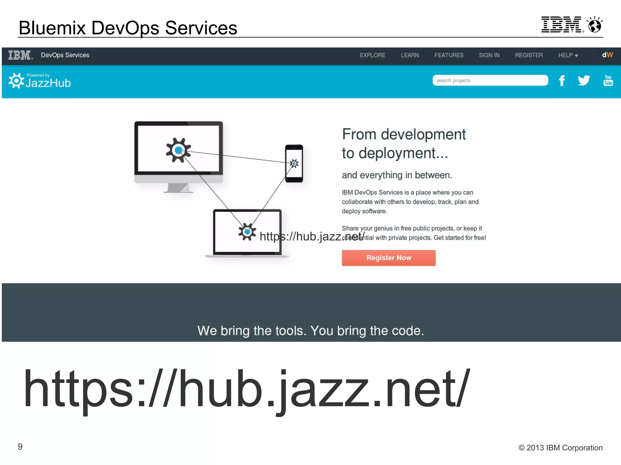 © 2013 IBM Corporation9
Bluemix DevOps Services
https://hub.jazz.net/
https://hub.jazz.net/
