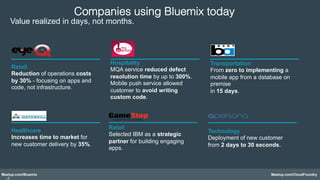 Meetup.com/Bluemix Meetup.com/CloudFoundry
Companies using Bluemix today!
Retail
Reduction of operations costs
by 30% - focusing on apps and
code, not infrastructure.
Hospitality
MQA service reduced defect
resolution time by up to 300%.
Mobile push service allowed
customer to avoid writing
custom code.
Transportation
From zero to implementing a
mobile app from a database on
premise
in 15 days.
Healthcare
Increases time to market for
new customer delivery by 35%.
Value realized in days, not months.
Technology
Deployment of new customer
from 2 days to 30 seconds.
Retail
Selected IBM as a strategic
partner for building engaging
apps.
 