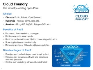 Cloud Foundry
6
The industry-leading open PaaS
• Clouds - Public, Private, Open Source
Choice
• Runtimes - node.js, spring, rails, etc.
• Services - MongoDB, MySQL, PostgresSQL, etc.
• Decreased time needed to prototype
Beneﬁts of PaaS
• Deploy new code more rapidly
• Services can be self-assembled to create integrated apps
• Scale applications more elastically
• Removes worries of OS and middleware patches
• Development methodologies must adapt to tech
Disadvantages of PaaS
• Requires dev awareness of web app limitations
and best practices
• Control over underlying infrastructure is limited
 
