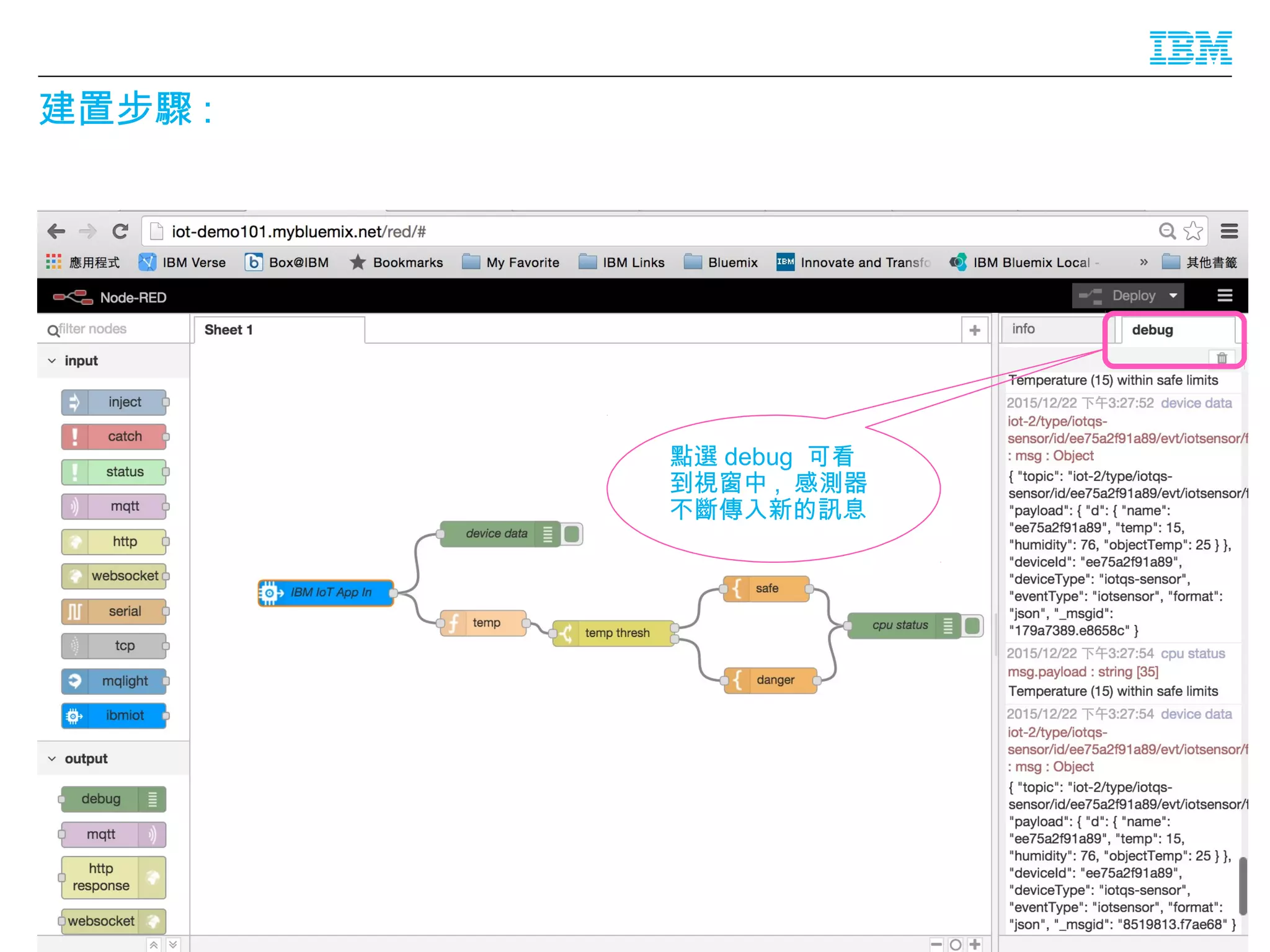 © 2016 IBM Corporation
建置步驟 :
13
點選 debug 可看
到視窗中 , 感測器
不斷傳入新的訊息
 