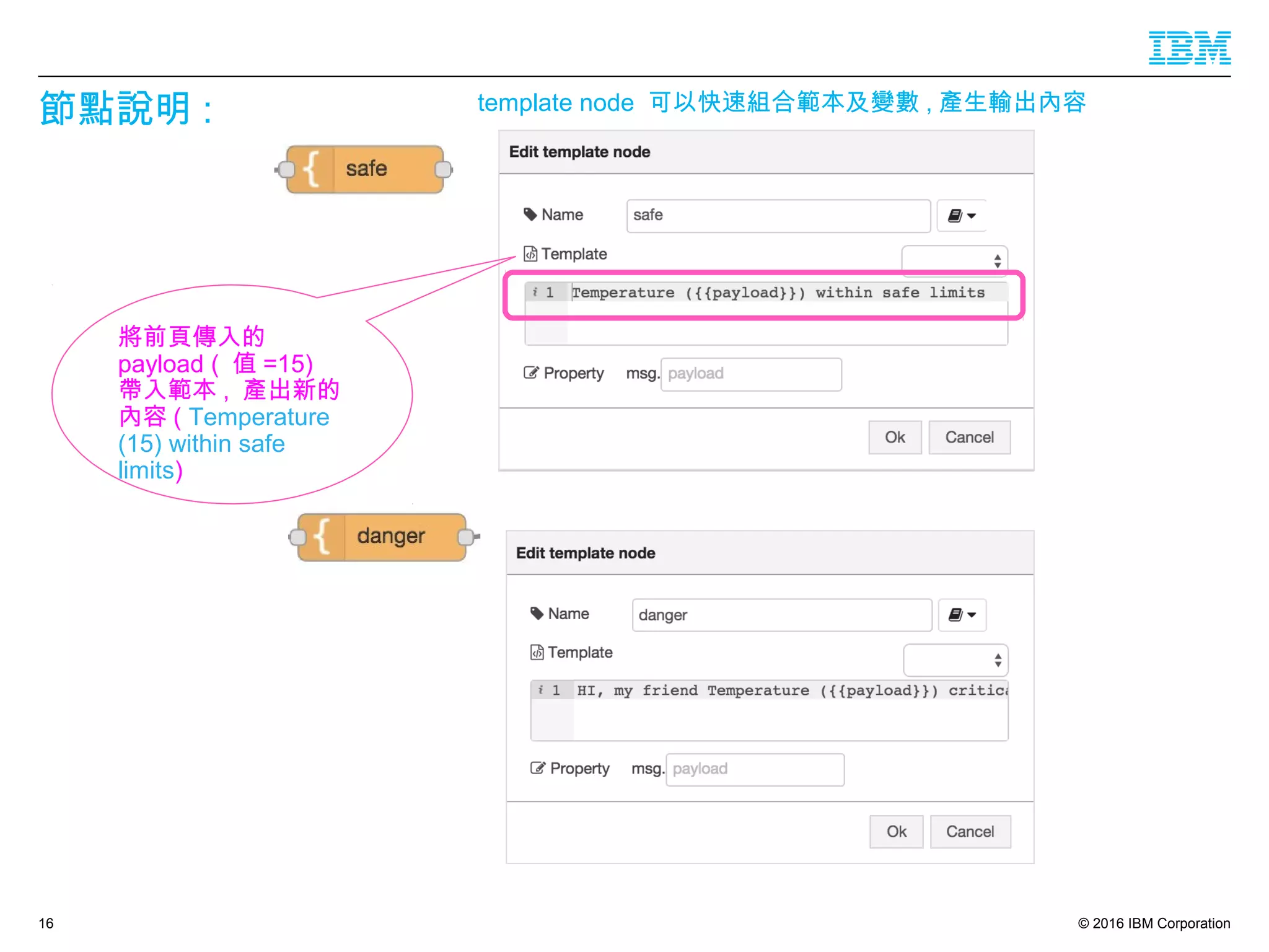 © 2016 IBM Corporation
節點說明 :
16
將前頁傳入的
payload ( 值 =15)
帶入範本 , 產出新的
內容 ( Temperature
(15) within safe
limits)
template node 可以快速組合範本及變數 , 產生輸出內容
 
