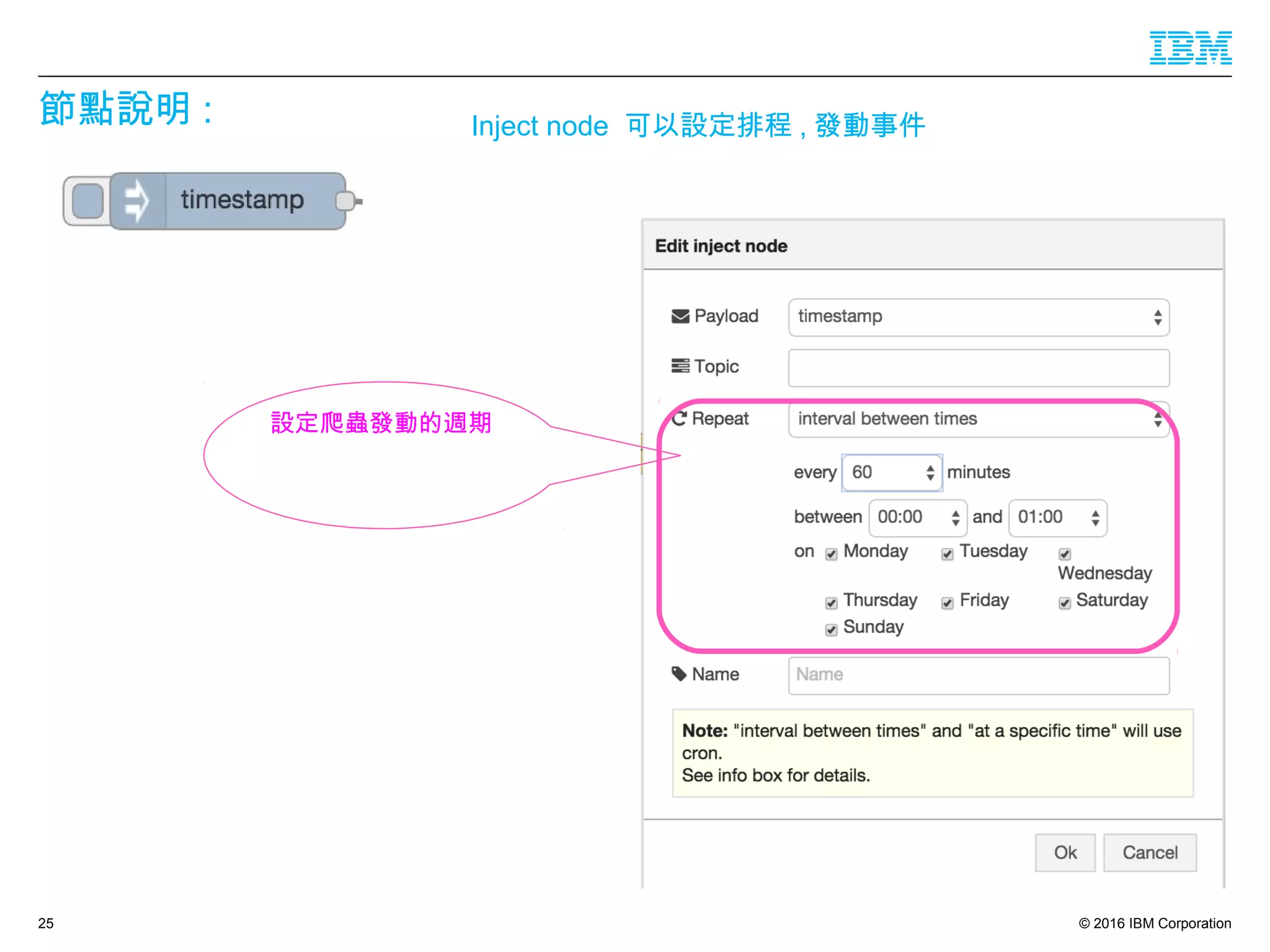 © 2016 IBM Corporation
節點說明 :
25
設定爬蟲發動的週期
Inject node 可以設定排程 , 發動事件
 