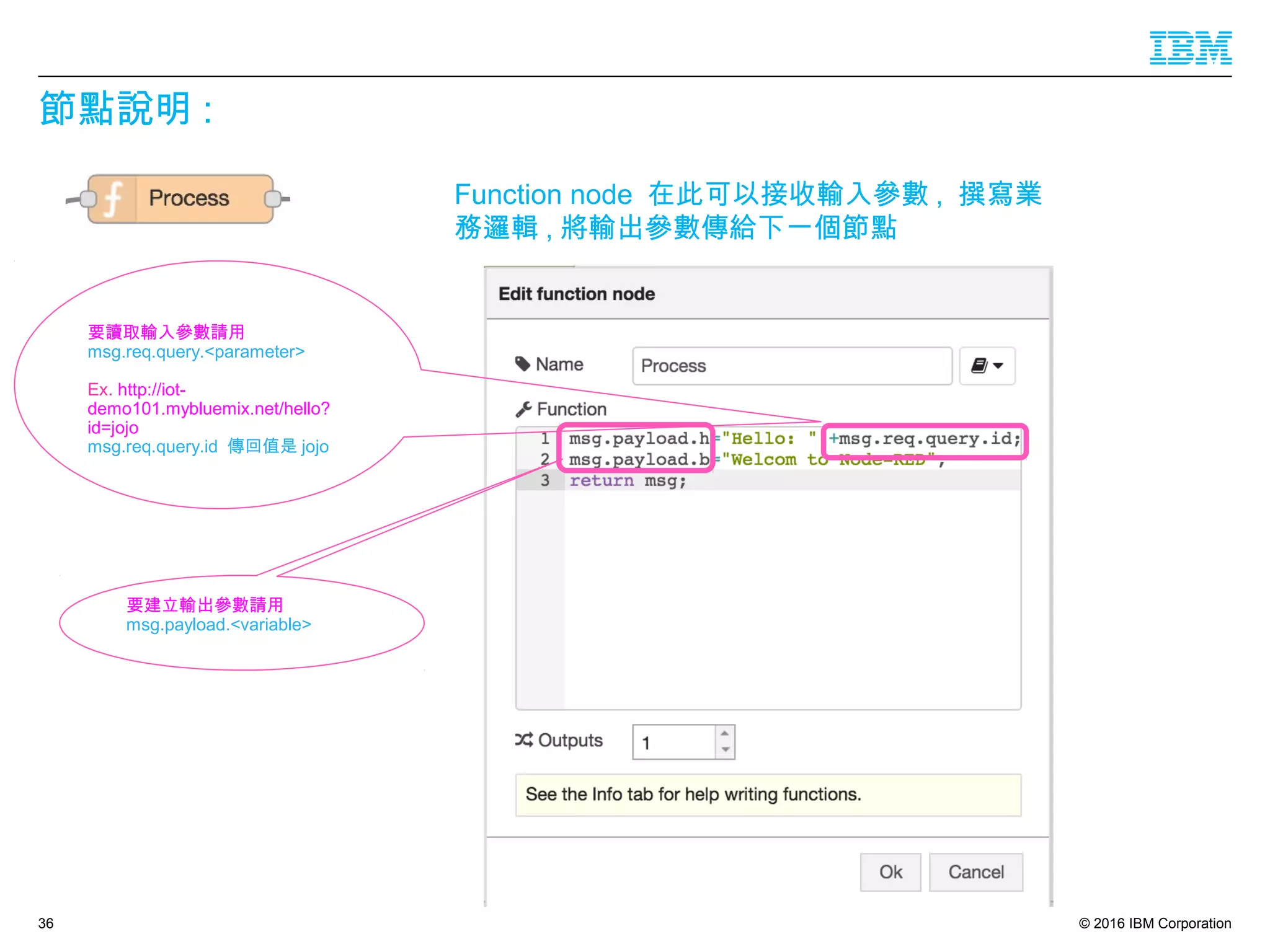 © 2016 IBM Corporation
節點說明 :
36
要讀取輸入參數請用
msg.req.query.<parameter>
Ex. http://iot-
demo101.mybluemix.net/hello?
id=jojo
msg.req.query.id 傳回值是 jojo
Function node 在此可以接收輸入參數 , 撰寫業
務邏輯 , 將輸出參數傳給下一個節點
要建立輸出參數請用
msg.payload.<variable>
 