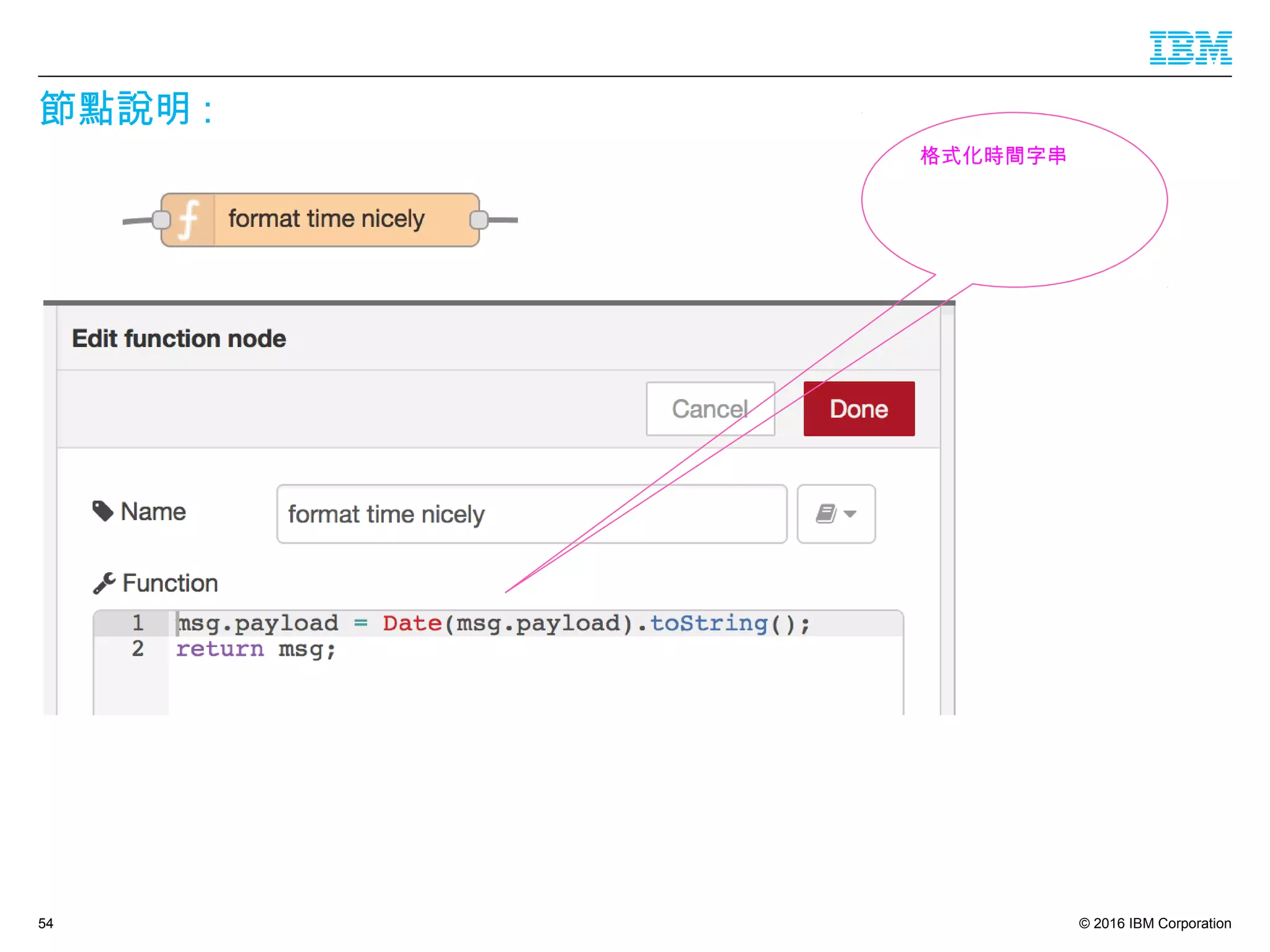 © 2016 IBM Corporation
節點說明 :
54
格式化時間字串
 