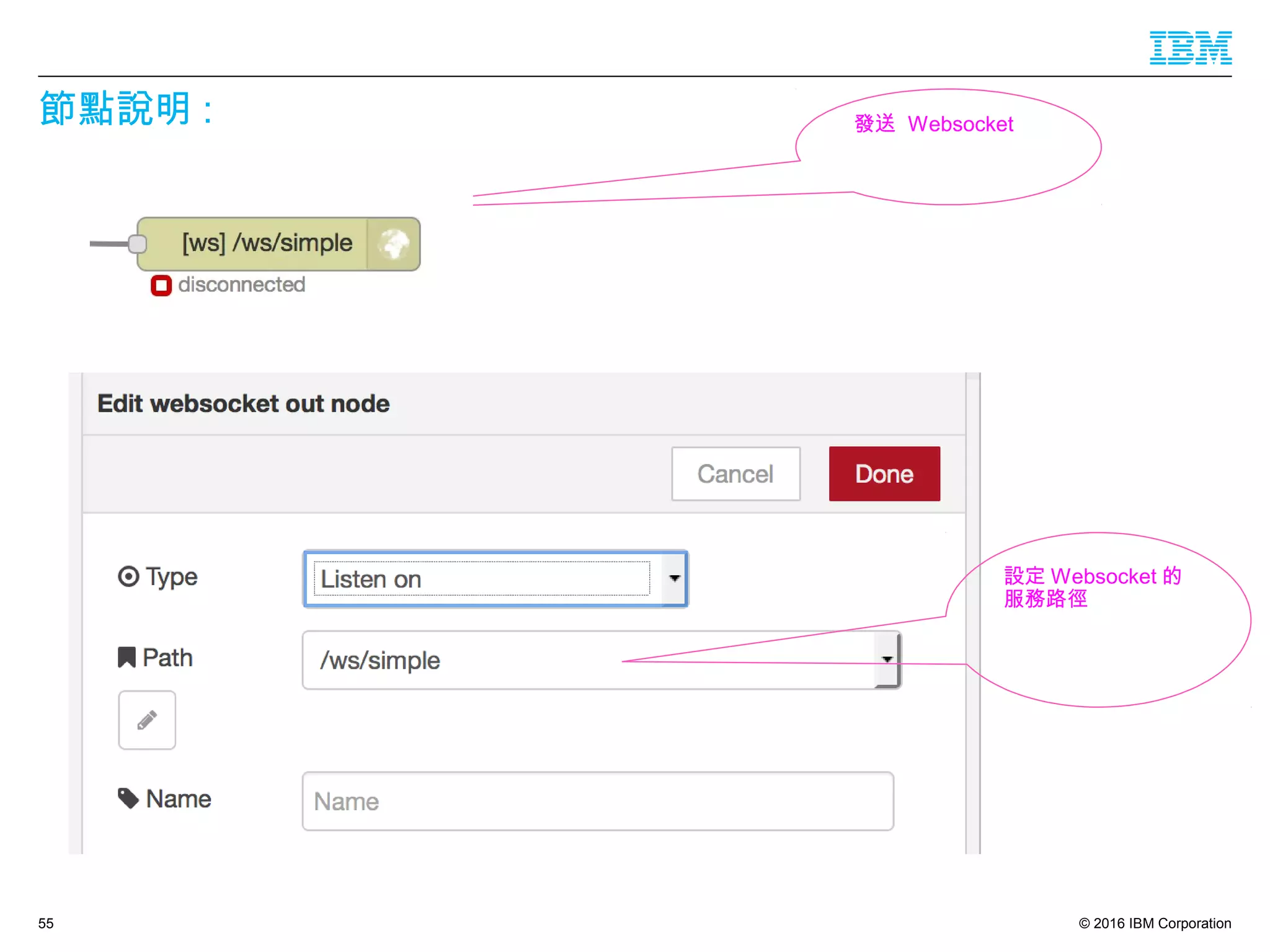 © 2016 IBM Corporation
節點說明 :
55
設定 Websocket 的
服務路徑
發送 Websocket
 