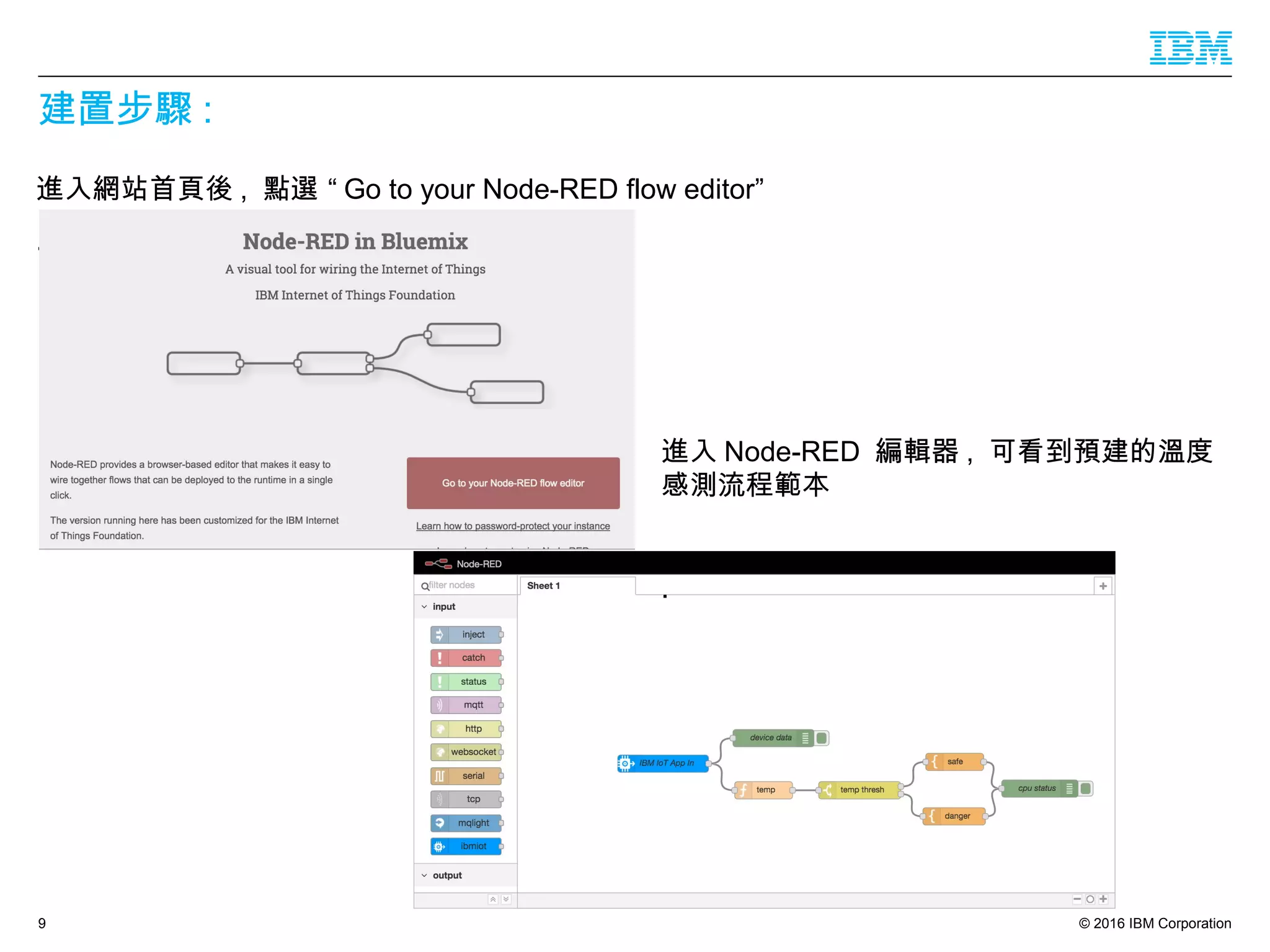 © 2016 IBM Corporation
建置步驟 :
進入網站首頁後 , 點選 “ Go to your Node-RED flow editor”
.
9
進入 Node-RED 編輯器 , 可看到預建的溫度
感測流程範本
.
 