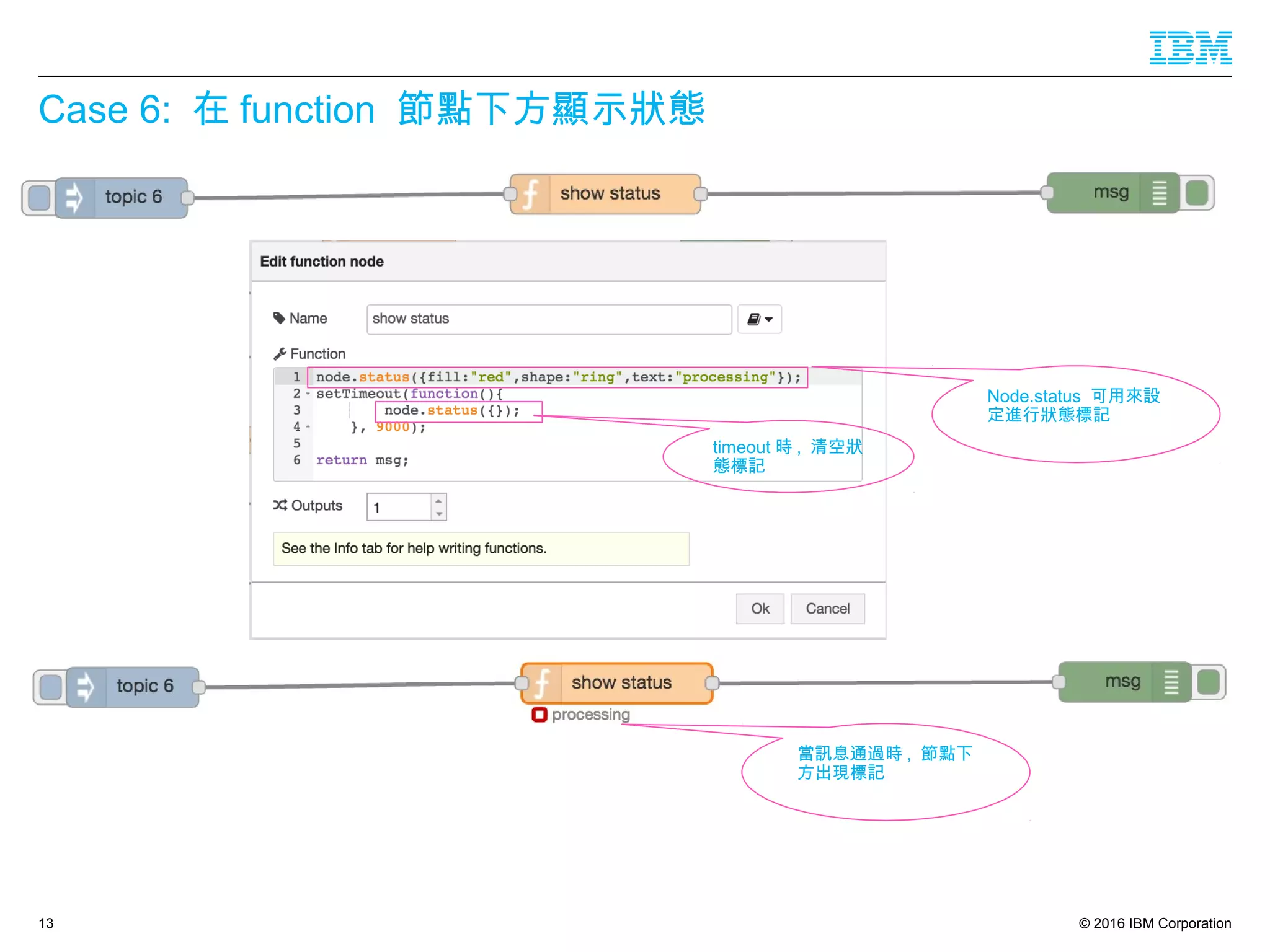 © 2016 IBM Corporation
Case 6: 在 function 節點下方顯示狀態
13
Node.status 可用來設
定進行狀態標記
當訊息通過時 , 節點下
方出現標記
timeout 時 , 清空狀
態標記
 