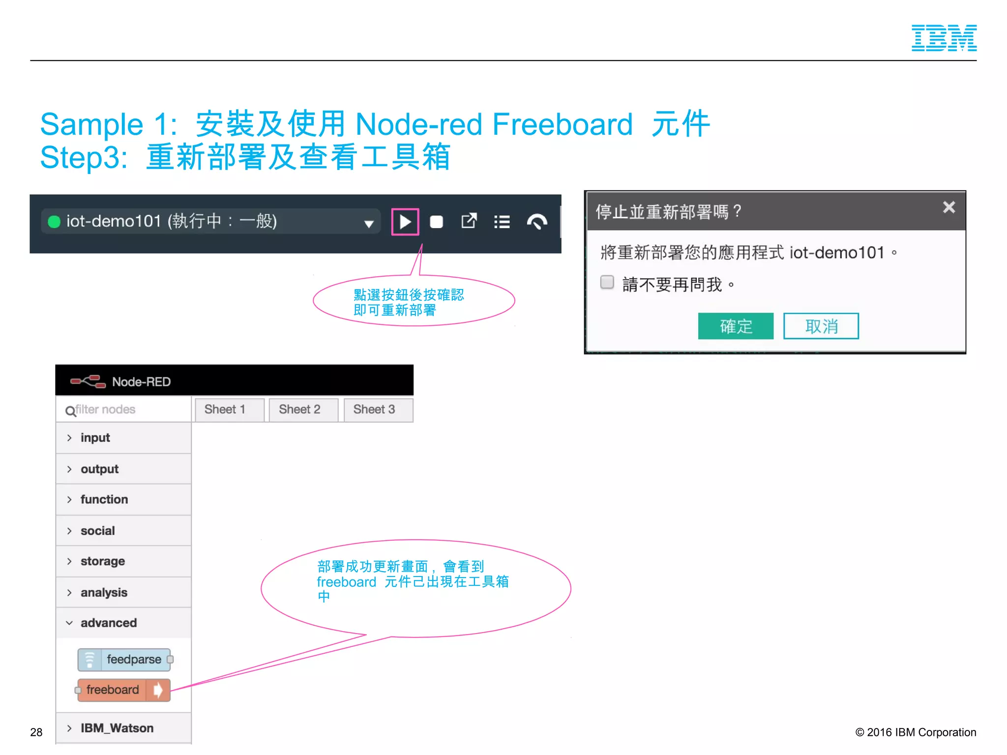 © 2016 IBM Corporation28
Sample 1: 安裝及使用 Node-red Freeboard 元件
Step3: 重新部署及查看工具箱
點選按鈕後按確認
即可重新部署
部署成功更新畫面 , 會看到
freeboard 元件己出現在工具箱
中
 