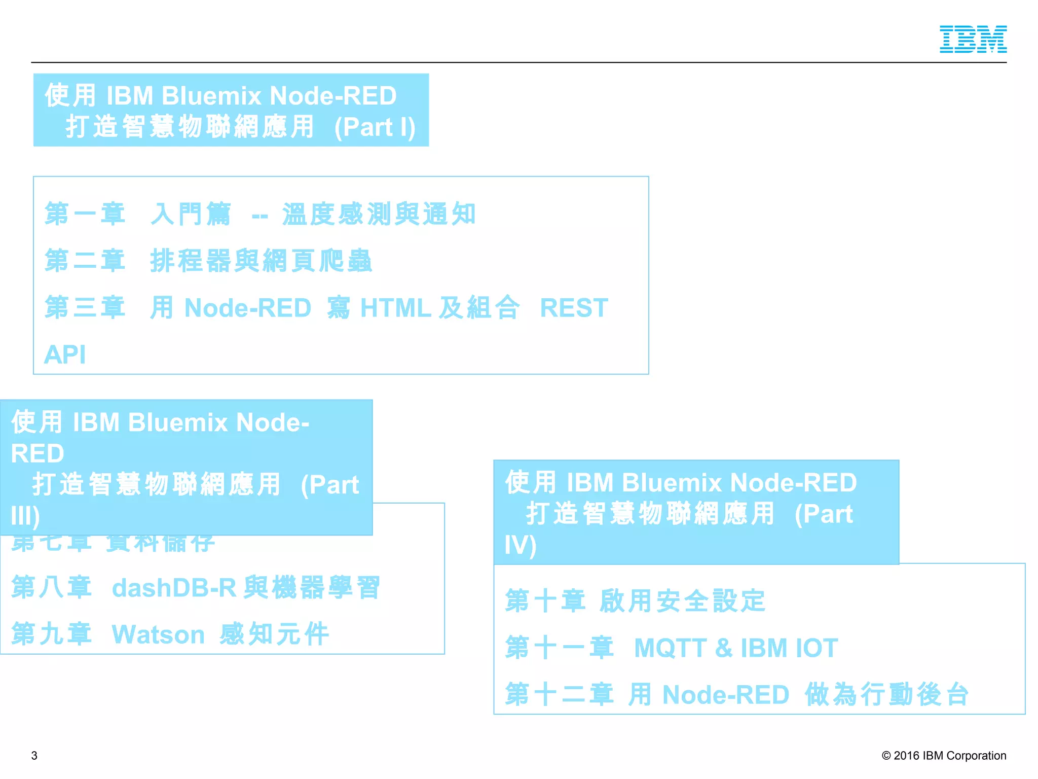 © 2016 IBM Corporation3
第一章 入門篇 -- 溫度感測與通知
第二章 排程器與網頁爬蟲
第三章 用 Node-RED 寫 HTML 及組合 REST
API
使用 IBM Bluemix Node-RED
打造智慧物聯網應用 (Part I)
第七章 資料儲存
第八章 dashDB-R 與機器學習
第九章 Watson 感知元件
使用 IBM Bluemix Node-RED
打造智慧物聯網應用 (Part III)
第十章 啟用安全設定
第十一章 MQTT & IBM IOT
第十二章 用 Node-RED 做為行動後台
使用 IBM Bluemix Node-RED
打造智慧物聯網應用 (Part IV)
 