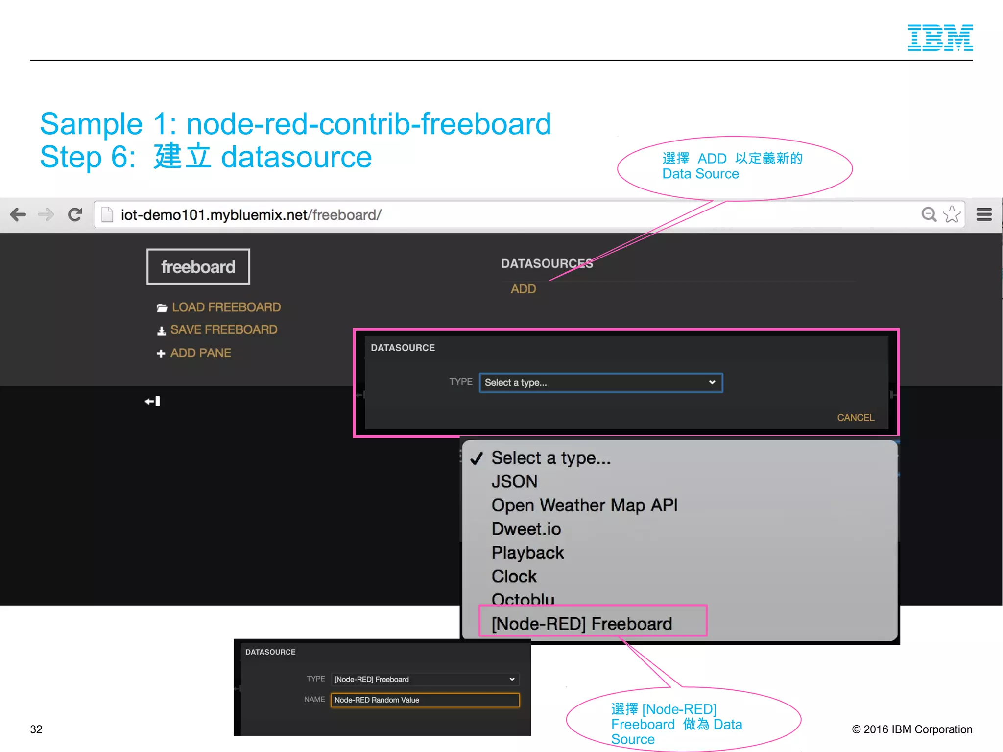 © 2016 IBM Corporation32
Sample 1: node-red-contrib-freeboard
Step 6: 建立 datasource
選擇 [Node-RED]
Freeboard 做為 Data
Source
選擇 ADD 以定義新的
Data Source
 