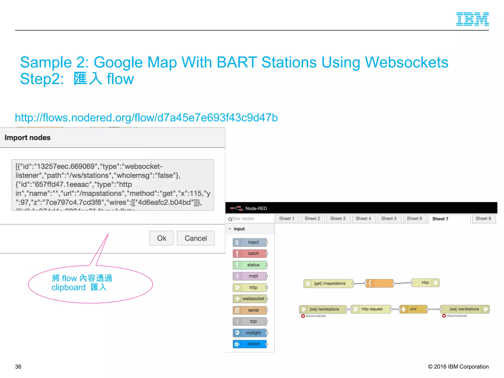 © 2016 IBM Corporation36
Sample 2: Google Map With BART Stations Using Websockets
Step2: 匯入 flow
http://flows.nodered.org/flow/d7a45e7e693f43c9d47b
將 flow 內容透過
clipboard 匯入
 