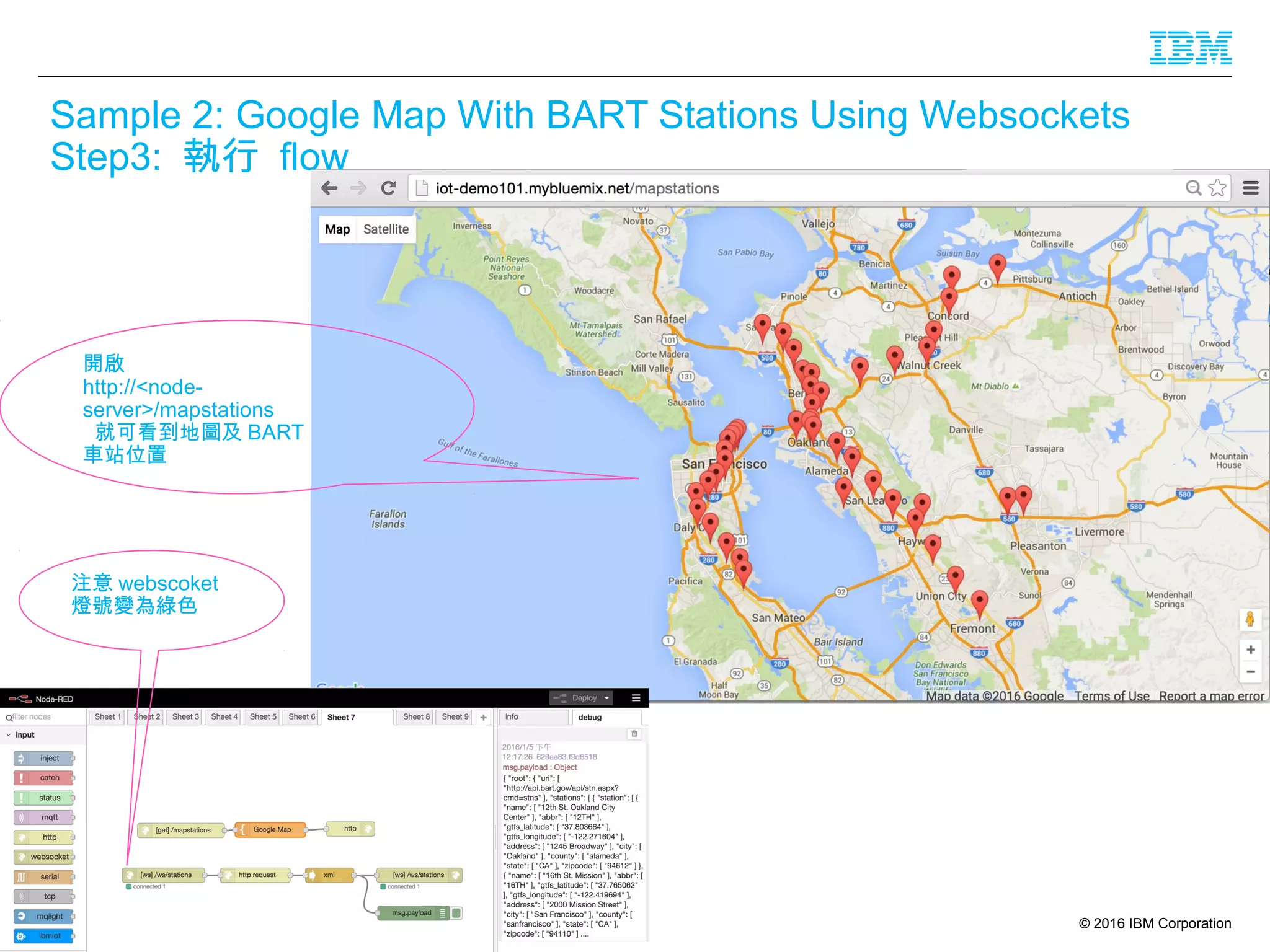 © 2016 IBM Corporation38
Sample 2: Google Map With BART Stations Using Websockets
Step3: 執行 flow
開啟
http://<node-
server>/mapstations
就可看到地圖及 BART
車站位置
注意 webscoket
燈號變為綠色
 