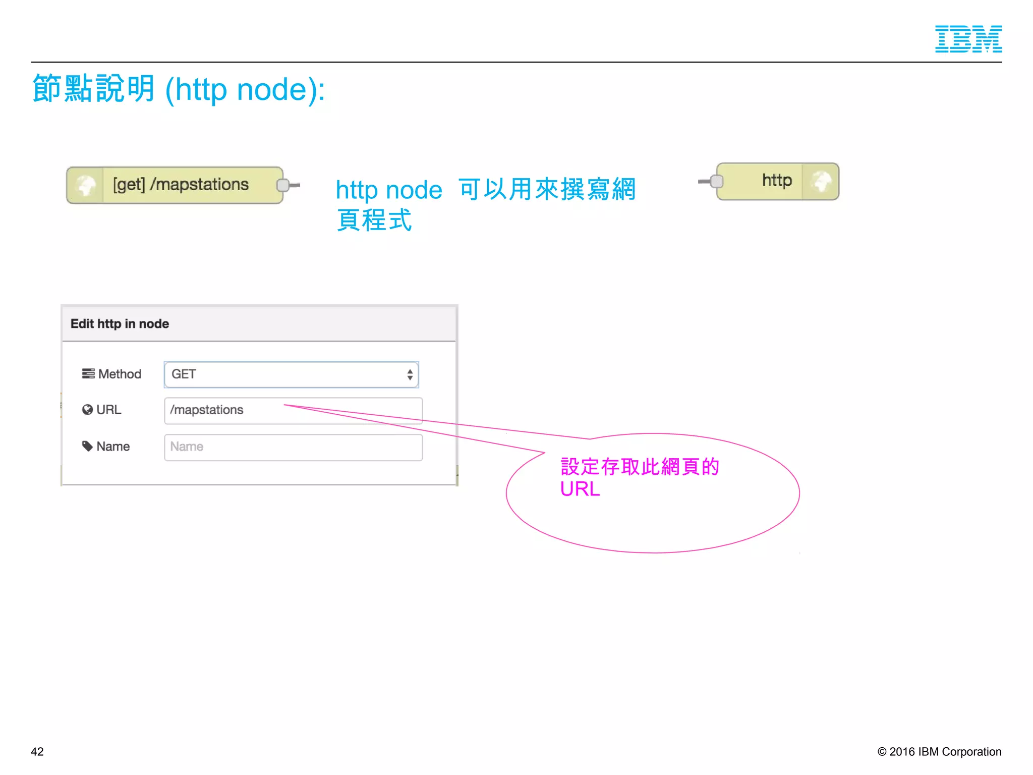 © 2016 IBM Corporation
節點說明 (http node):
42
http node 可以用來撰寫網
頁程式
設定存取此網頁的
URL
 
