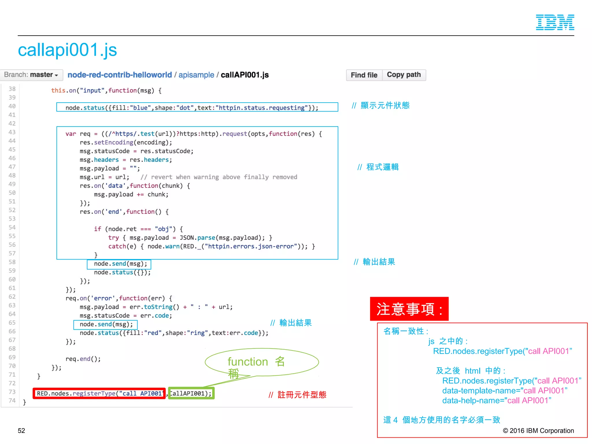 © 2016 IBM Corporation
callapi001.js
52
// 顯示元件狀態
// 輸出結果
// 輸出結果
// 程式邏輯
// 註冊元件型態
注意事項 :
名稱一致性 :
js 之中的 :
RED.nodes.registerType("call API001”
及之後 html 中的 :
RED.nodes.registerType("call API001”
data-template-name="call API001”
data-help-name="call API001”
這 4 個地方使用的名字必須一致
function 名
稱
 