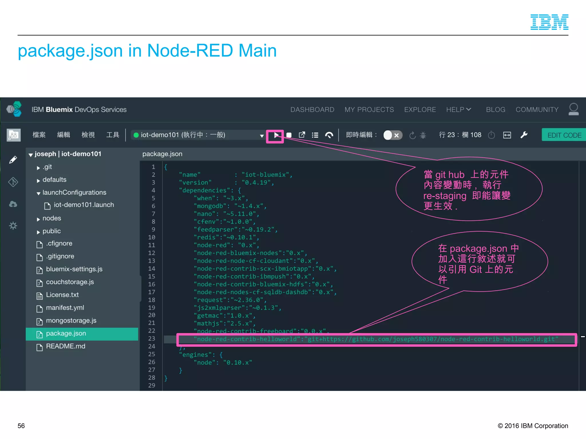 © 2016 IBM Corporation
package.json in Node-RED Main
56
在 package.json 中
加入這行敘述就可
以引用 Git 上的元
件
當 git hub 上的元件
內容變動時 , 執行
re-staging 即能讓變
更生效 .
 