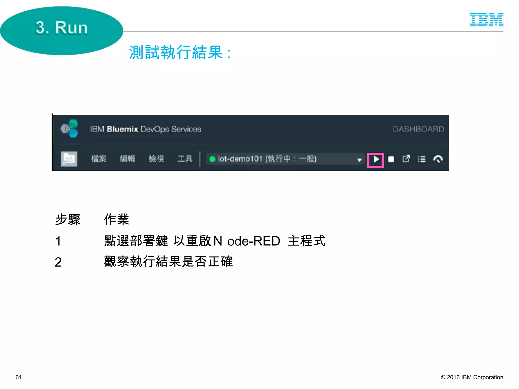 © 2016 IBM Corporation61
步驟 作業
1 點選部署鍵 以重啟Ｎ ode-RED 主程式
2 觀察執行結果是否正確
測試執行結果 :
 