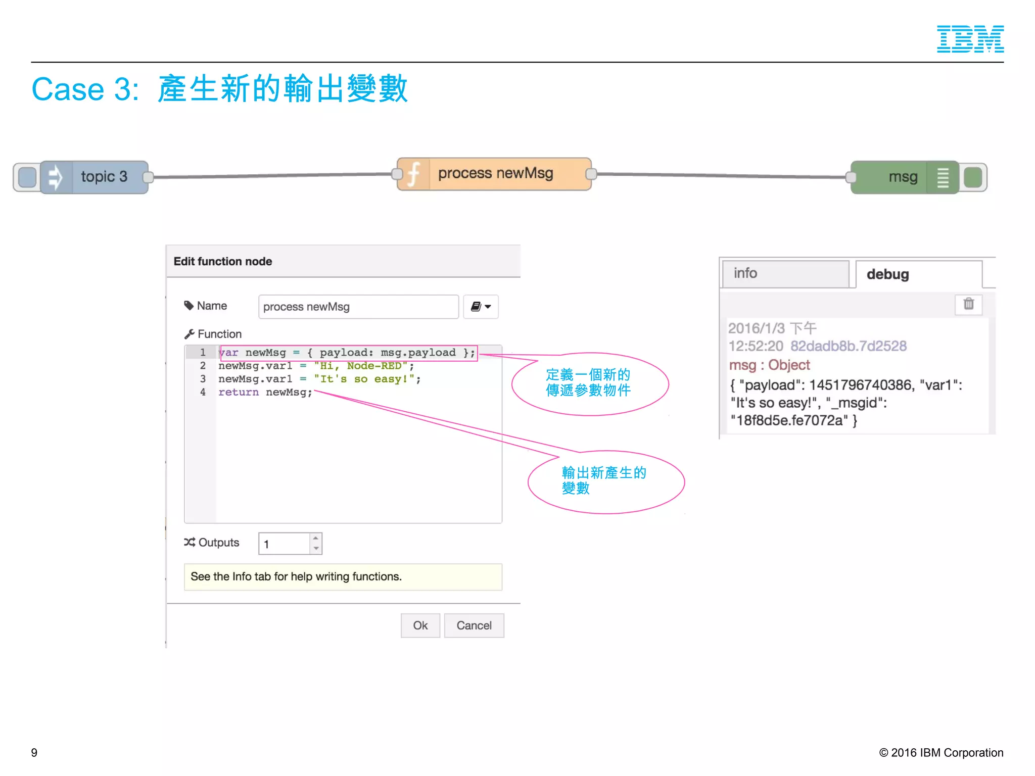 © 2016 IBM Corporation
Case 3: 產生新的輸出變數
9
定義一個新的
傳遞參數物件
輸出新產生的
變數
 