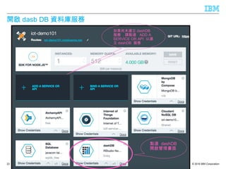 © 2016 IBM Corporation
開啟 dasb DB 資料庫服務
23
點選 dashDB
開啟管理畫面
如果尚未建立 dashDB
服務 , 請點選 ADD A
SERVICE OR API 以建
立 dashDB 服務
 