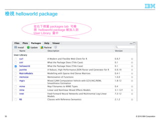 © 2016 IBM Corporation
檢視 helloworld package
35
從右下視窗 packages tab 可檢
視 helloworld package 被加入到
User Library 當中
 
