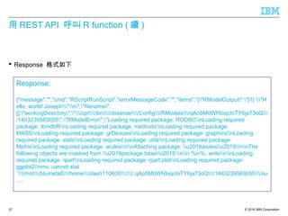 © 2016 IBM Corporation
用 REST API 呼叫 R function ( 續 )
 Response 格式如下
37
Response:
{"message":"","cmd":"RScriptRunScript","errorMessageCode":"","items":"{"RModelOutput":"[1] "H
ello, world! Joseph"n","filename":
[],"workingDirectory":"/opt/ibm/dsserver/Config/RModels/qAo5M0WRbiqchiTY6ja73oQ
/1463239583055","RModelError":"Loading required package: RODBCnLoading required
package: ibmdbRnLoading required package: methodsnLoading required package:
MASSnLoading required package: grDevicesnLoading required package: graphicsnLoading
required package: statsnLoading required package: utilsnLoading required package:
MatrixnLoading required package: arulesnnAttaching package: u2018arulesu2019nnThe
following objects are masked from u2018package:baseu2019:nn %in%, writennLoading
required package: rpartnLoading required package: rpart.plotnLoading required package:
ggplot2nmv: cannot stat
`/mnt/blumeta0/home/dash110600//.qAo5M0WRbiqchiTY6ja73oQ/1463239583055/ou
....
 