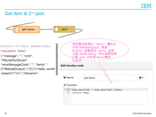 © 2016 IBM Corporation
Get item & 2nd
json
42
我們要的結果在 “ items:” 欄位之
中的 RModelOutput, 透過
function 結點取出 items, 內容
又是 JSON String, 所以我們用第
2 個 json 元件將 items 轉成
Object
 