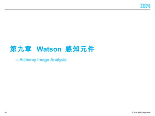© 2016 IBM Corporation45
-- Alchemy Image Analysis
第九章 Watson 感知元件
 