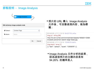 © 2016 IBM Corporation
–節點說明 Image Analysis
 照片的 URL 傳入 Image Analysis
元件後 , 可自動偵測內容 , 做為標
籤 :
51
 Image Analysis 元件分析的結果 ,
認為這張照片的主題內容是有
94.26% 的機率是人
 