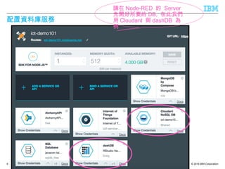 © 2016 IBM Corporation
配置資料庫服務
6
請在 Node-RED  的 Server
先開好所要的 DB, 在此我們
用 Cloudant 與 dashDB 為
例
 