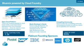 Meets Developer’s Needs
Focus on app development, not
provisioning VMs, databases,
messaging servers, etc
Agile development model
Deploy and scale in seconds
Open Cloud Platform
There is an increasing appetite for cloud-
based mobile, social and analytics
applications from line-of-business
executives - drives the need for a more
open cloud development platform
Compelling Community
Cloud Foundry has a compelling community
and emerging ecosystem as well as a mature
set of capabilities and robustness
Platinum Founding Sponsors
1.3k 800k
LINES OF CODETOTAL CONTRIBUTORS
Bluemix powered by Cloud Foundry
 