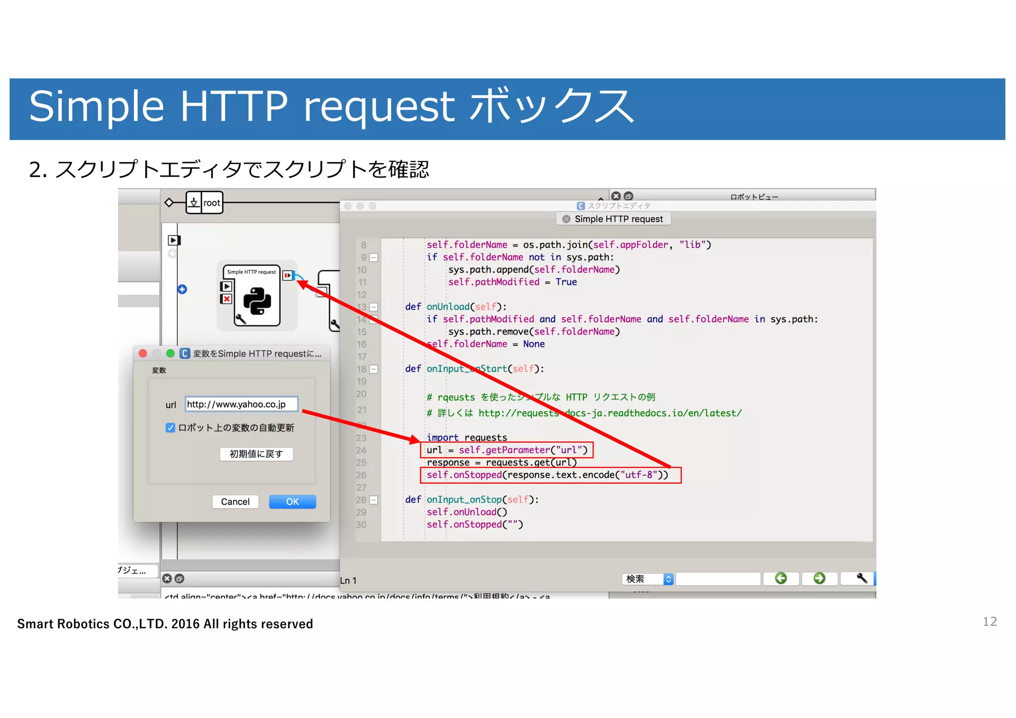 Smart Robotics CO.,LTD. 2016 All rights reserved
Simple HTTP request ボックス
12
2. スクリプトエディタでスクリプトを確認
 