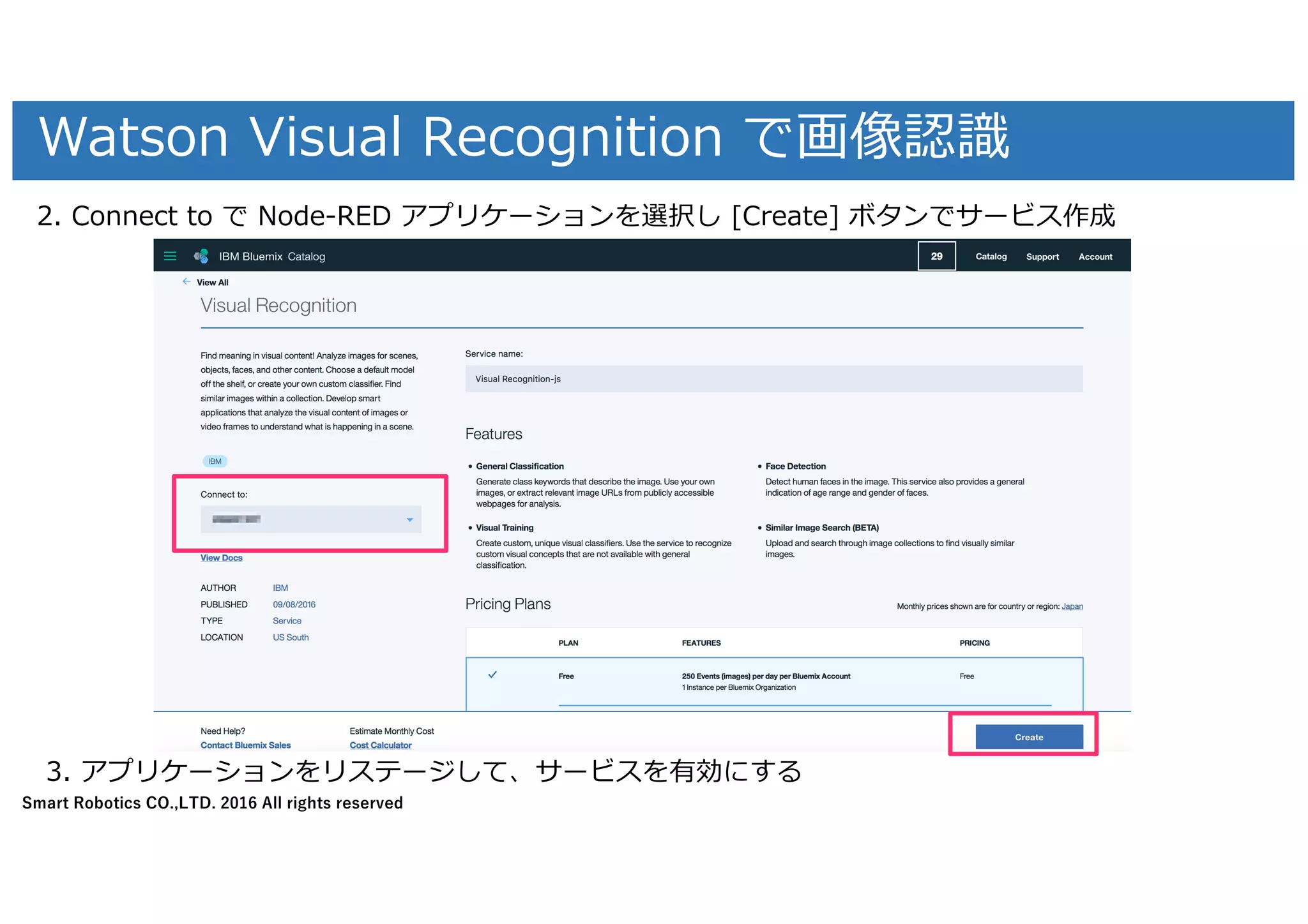 Smart Robotics CO.,LTD. 2016 All rights reserved
Watson Visual Recognition で画像認識
2. Connect to で Node-RED アプリケーションを選択し [Create] ボタンでサービス作成
3. アプリケーションをリステージして、サービスを有効にする
 