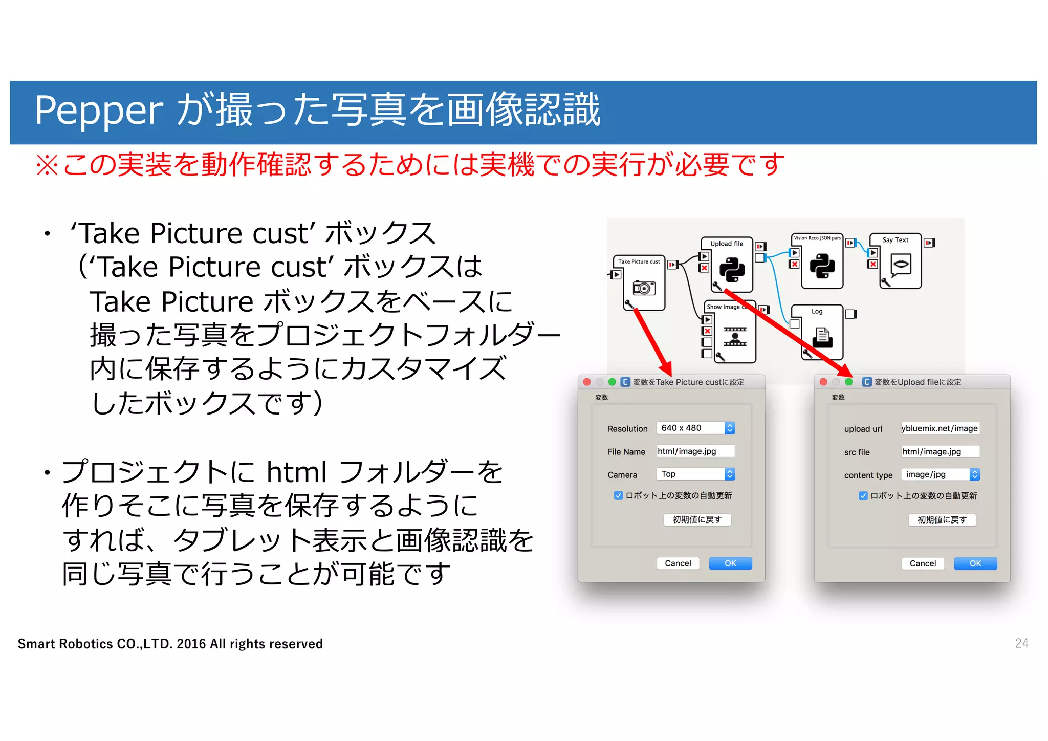 Smart Robotics CO.,LTD. 2016 All rights reserved
Pepper が撮った写真を画像認識
※この実装を動作確認するためには実機での実⾏が必要です
・ ʻTake Picture custʼ ボックス
（ʻTake Picture custʼ ボックスは
Take Picture ボックスをベースに
撮った写真をプロジェクトフォルダー
内に保存するようにカスタマイズ
したボックスです）
・プロジェクトに html フォルダーを
作りそこに写真を保存するように
すれば、タブレット表⽰と画像認識を
同じ写真で⾏うことが可能です
24
 