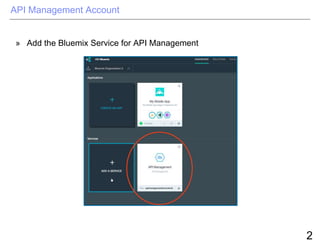 2
API Management Account
» Add the Bluemix Service for API Management
 