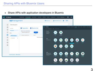 3
Sharing APIs with Bluemix Users
» Share APIs with application developers in Bluemix
 