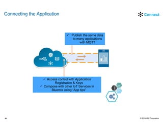 © 2014 IBM Corporation‹#›
 Publish the same data
to many applications
with MQTT
 Access control with Application
Registration & Keys
 Compose with other IoT Services in
Bluemix using “App tips”
ConnectConnecting the Application
 