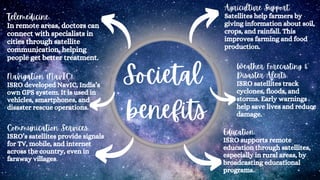 Societal
benefits
Agriculture Support:
Satellites help farmers by
giving information about soil,
crops, and rainfall. This
improves farming and food
production.
Education:
ISRO supports remote
education through satellites,
especially in rural areas, by
broadcasting educational
programs.
Weather Forecasting &
Disaster Alerts:
ISRO satellites track
cyclones, floods, and
storms. Early warnings
help save lives and reduce
damage.
Telemedicine:
In remote areas, doctors can
connect with specialists in
cities through satellite
communication, helping
people get better treatment.
Navigation (NavIC):
ISRO developed NavIC, India’s
own GPS system. It is used in
vehicles, smartphones, and
disaster rescue operations.
Communication Services:
ISRO’s satellites provide signals
for TV, mobile, and internet
across the country, even in
faraway villages.
 